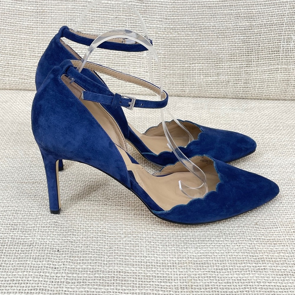 Adrienne Vittadini Blue Suede Scalloped Ankle Strap Heels AV-NENI Womens 10M - Picture 2 of 13